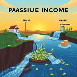 An illustration showing multiple passive income streams, including real estate, stocks, online businesses, and investments