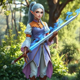 A tall, pale-skinned elf woman with Rapunzel-like light blue hair in a ponytail and grey eyes
