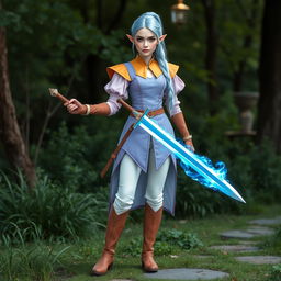 A tall, pale-skinned elf woman with Rapunzel-like light blue hair in a ponytail and grey eyes