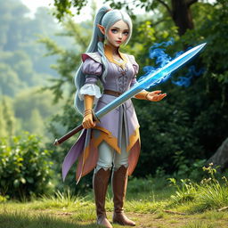 A tall, pale-skinned elf woman with Rapunzel-like light blue hair in a ponytail and grey eyes