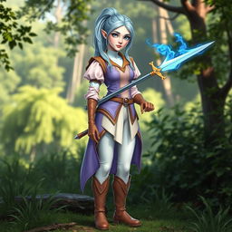 A tall, pale-skinned elf woman with Rapunzel-like light blue hair in a ponytail and grey eyes