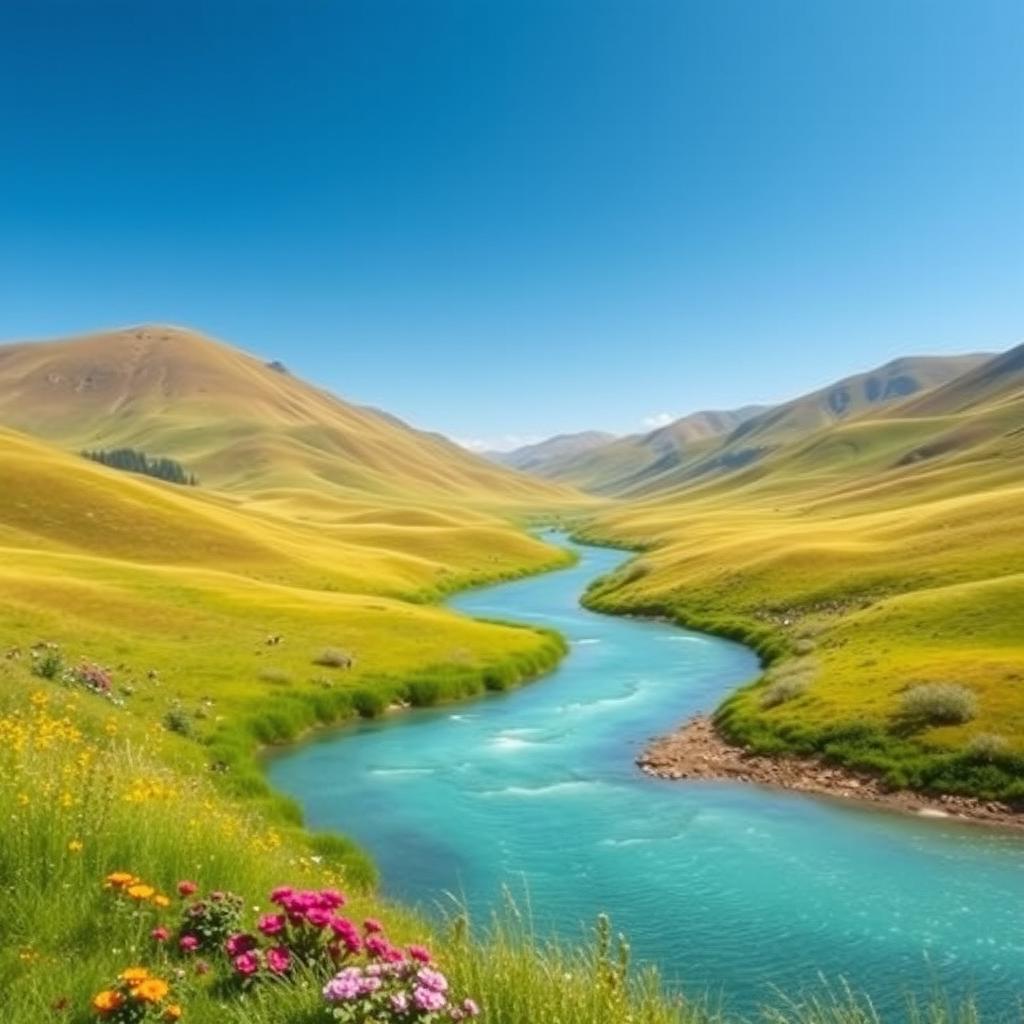 Generate a beautiful landscape with rolling hills, a clear blue sky, and a serene river flowing through the middle