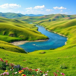 Generate a beautiful landscape with rolling hills, a clear blue sky, and a serene river flowing through the middle