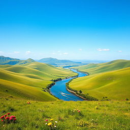 Generate a beautiful landscape with rolling hills, a clear blue sky, and a serene river flowing through the middle