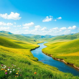Generate a beautiful landscape with rolling hills, a clear blue sky, and a serene river flowing through the middle