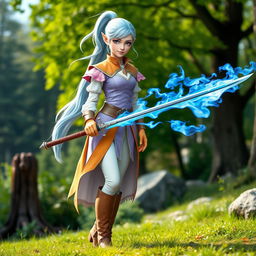 A tall, pale-skinned high-elf woman with Rapunzel-like light blue hair in a ponytail and grey eyes