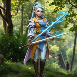 A tall, pale-skinned high-elf woman with Rapunzel-like light blue hair in a ponytail and grey eyes