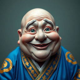 A jolly, overweight man made of grey stone with chubby cheeks