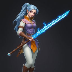 A tall, pale-skinned high-elf woman with Rapunzel-like light blue hair in a ponytail and grey eyes, wearing a light pink gambeson, mustard collar, lavender vest, light brown gloves, ivory pants, and knee-high light brown boots