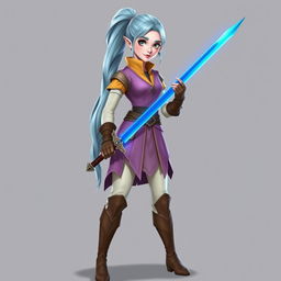 A tall, pale-skinned high-elf woman with Rapunzel-like light blue hair in a ponytail and grey eyes, wearing a light pink gambeson, mustard collar, lavender vest, light brown gloves, ivory pants, and knee-high light brown boots