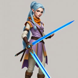 A tall, pale-skinned high-elf woman with Rapunzel-like light blue hair in a ponytail and grey eyes, wearing a light pink gambeson, mustard collar, lavender vest, light brown gloves, ivory pants, and knee-high light brown boots