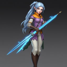 A tall, pale-skinned high-elf woman with Rapunzel-like light blue hair in a ponytail and grey eyes, wearing a light pink gambeson, mustard collar, lavender vest, light brown gloves, ivory pants, and knee-high light brown boots