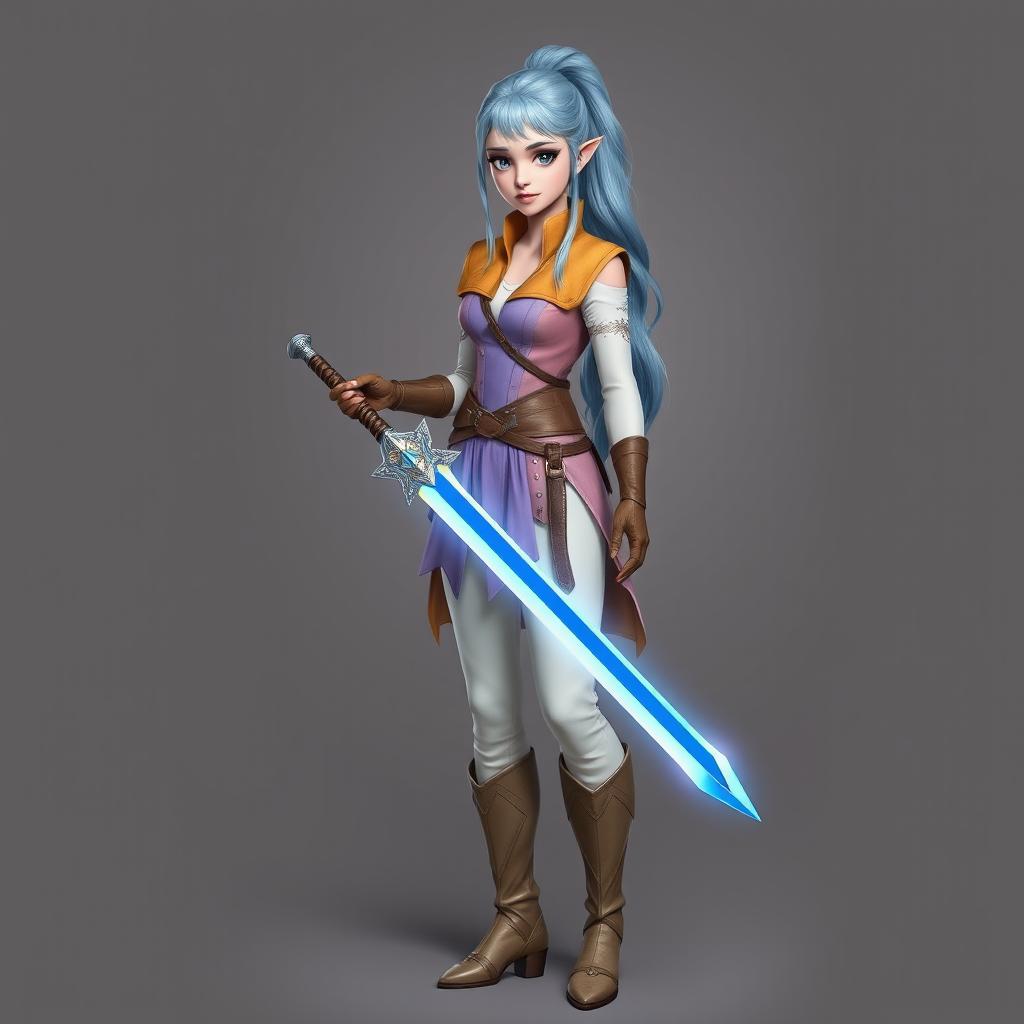 A tall, beautiful, pale-skinned high-elf woman with Rapunzel-like light blue hair in a ponytail and grey eyes, wearing a light pink gambeson, mustard collar, lavender vest, light brown gloves, ivory pants, and knee-high light brown boots