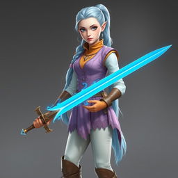 A tall, beautiful, pale-skinned high-elf woman with Rapunzel-like light blue hair in a ponytail and grey eyes, wearing a light pink gambeson, mustard collar, lavender vest, light brown gloves, ivory pants, and knee-high light brown boots