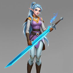 A tall, beautiful, pale-skinned high-elf woman with Rapunzel-like light blue hair in a ponytail and grey eyes, wearing a light pink gambeson, mustard collar, lavender vest, light brown gloves, ivory pants, and knee-high light brown boots