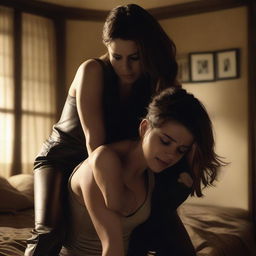 Two men gently carrying Kate Beckinsale and Selena Gomez in their arms