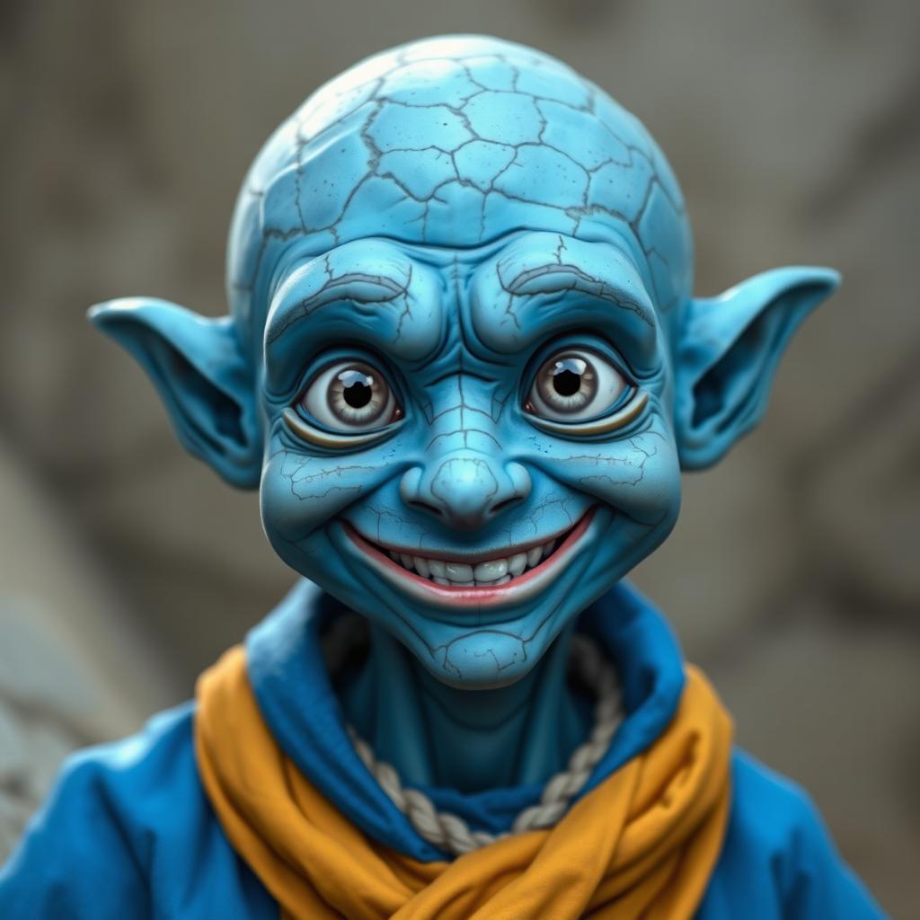 A blue earth genasi with a big smile and large grey eyes