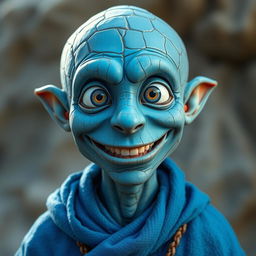 A blue earth genasi with a big smile and large grey eyes