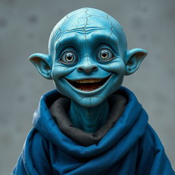 A blue earth genasi with a big smile and large grey eyes