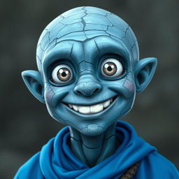 A blue earth genasi with a big smile and large grey eyes