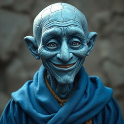 A wise blue earth genasi in his elderly years with a big smile and wise, grey eyes