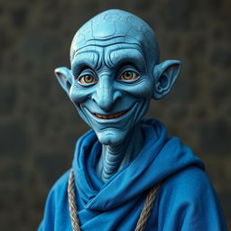 A wise blue earth genasi in his elderly years with a big smile and wise, grey eyes