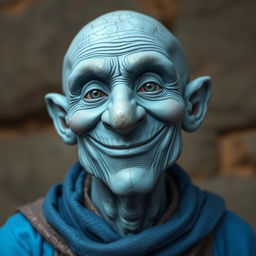 A wise blue earth genasi in his elderly years with a big smile and wise, grey eyes