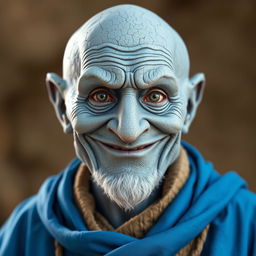 A wise blue earth genasi in his elderly years with a big smile and wise, grey eyes