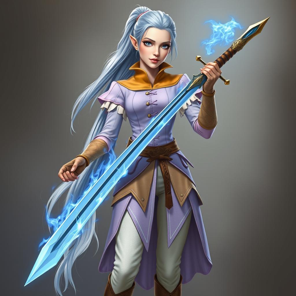 A tall, beautiful, pale-skinned high-elf woman with Rapunzel-like light blue hair in a ponytail and grey eyes