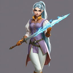 A tall, beautiful, pale-skinned high-elf woman with Rapunzel-like light blue hair in a ponytail and grey eyes