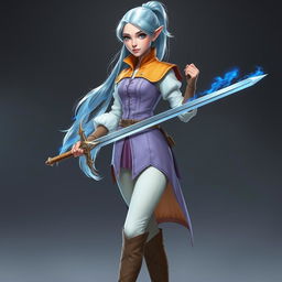 A tall, beautiful, pale-skinned high-elf woman with Rapunzel-like light blue hair in a ponytail and grey eyes