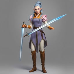 A tall, beautiful, pale-skinned high-elf woman with long, light blue hair tied up in a ponytail and grey eyes