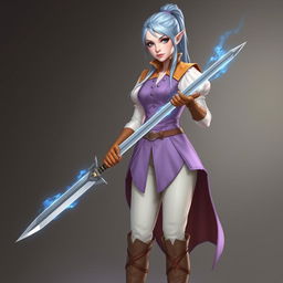 A tall, beautiful, pale-skinned high-elf woman with long, light blue hair tied up in a ponytail and grey eyes