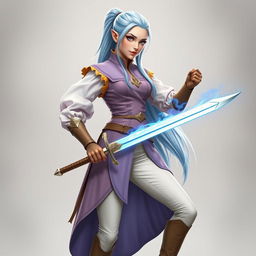 A tall, beautiful, pale-skinned high-elf woman with long, light blue hair tied up in a ponytail and grey eyes
