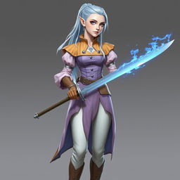 A tall, beautiful, pale-skinned high-elf woman with long, light blue hair tied up in a ponytail and grey eyes