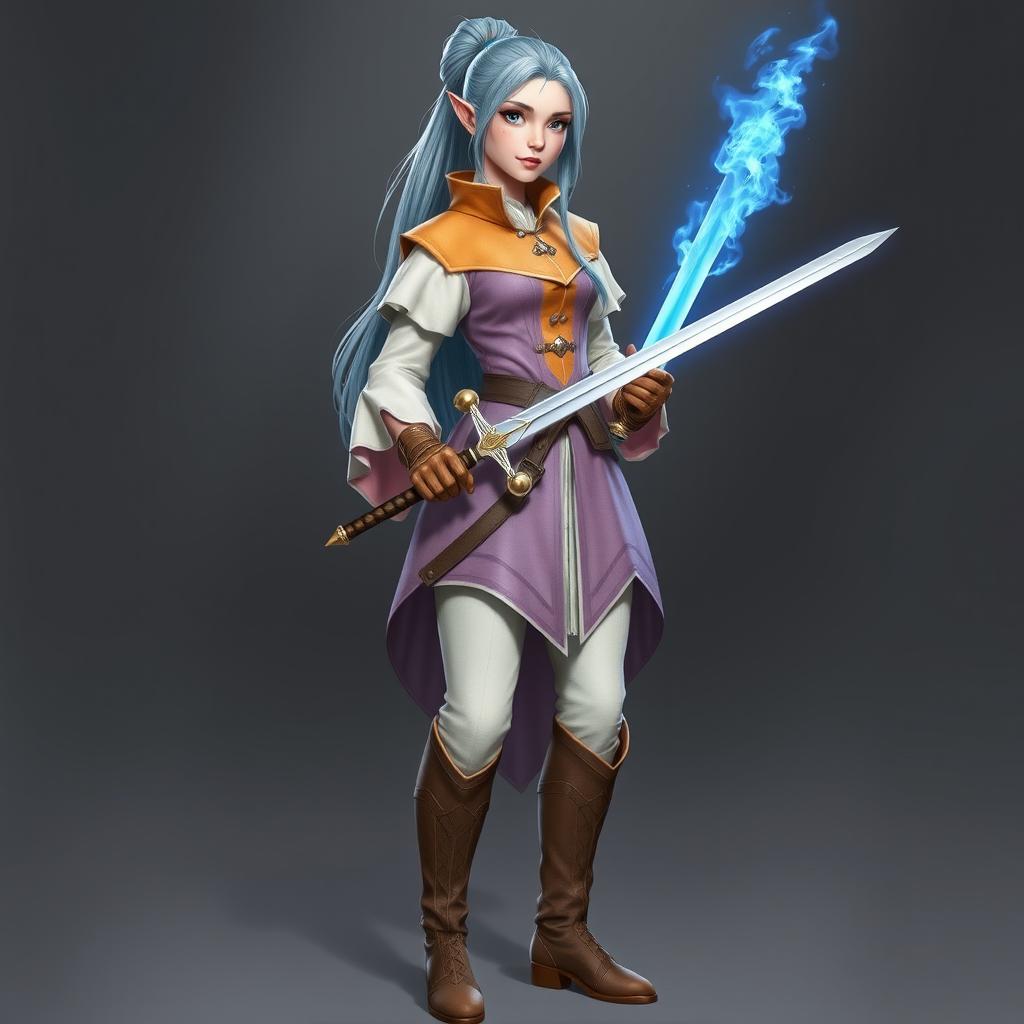 A tall, beautiful, pale-skinned high-elf woman with long, light blue hair tied up in a ponytail and grey eyes