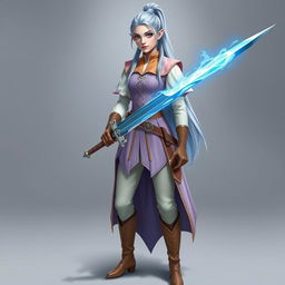 A tall, beautiful, pale-skinned high-elf woman with long, light blue hair tied up in a ponytail and grey eyes