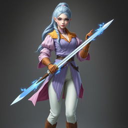 A tall, beautiful, pale-skinned high-elf woman with long, light blue hair tied up in a ponytail and grey eyes