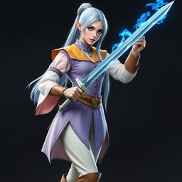 A tall, beautiful, pale-skinned high-elf woman with long, light blue hair tied up in a ponytail and grey eyes