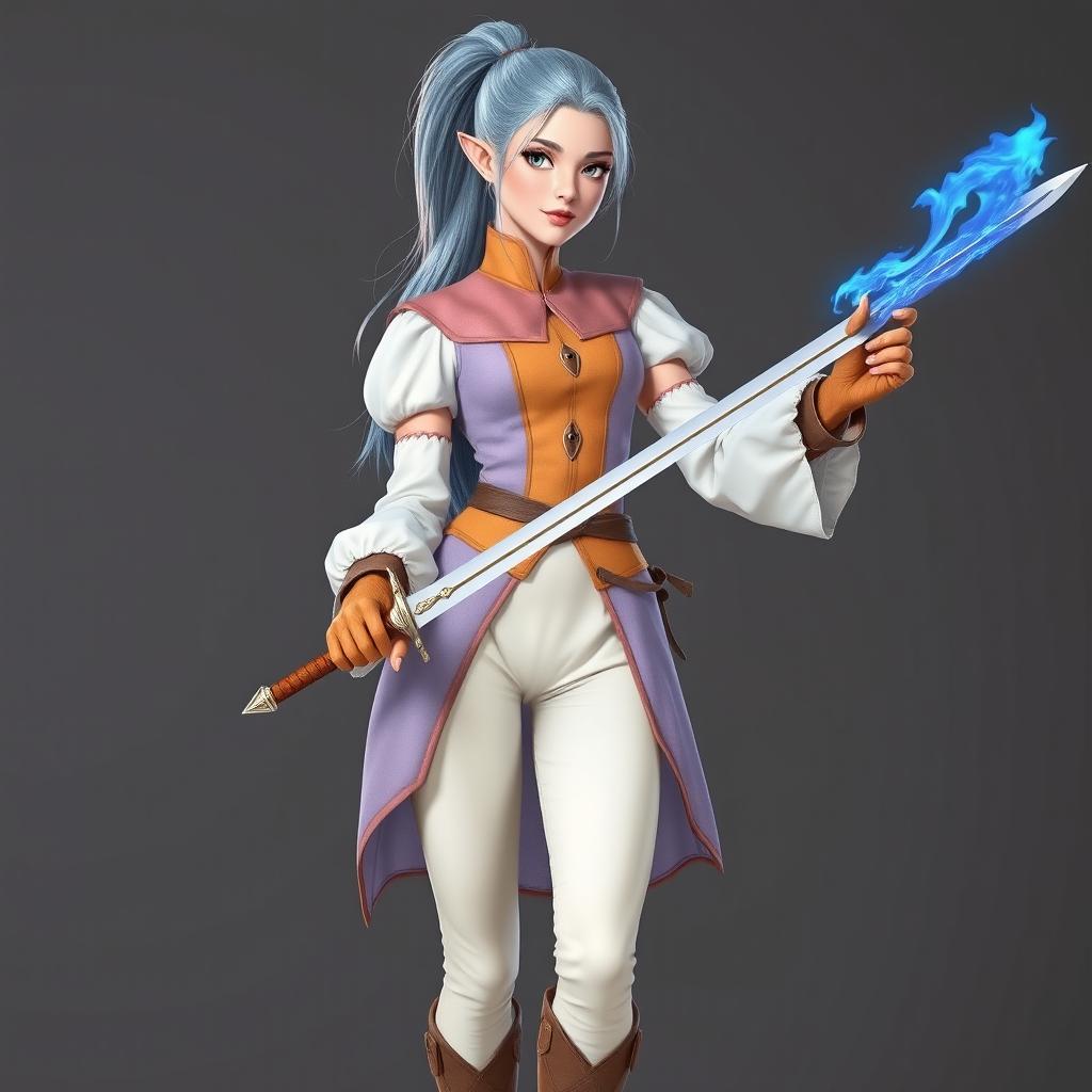 A tall, beautiful, pale-skinned high-elf woman with long, light blue hair tied up in a ponytail and grey eyes