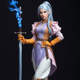 A tall, beautiful, pale-skinned high-elf woman with long, light blue hair tied up in a ponytail and grey eyes