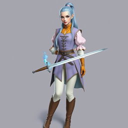 A tall, beautiful, pale-skinned high-elf woman with long, light blue hair tied up in a ponytail and grey eyes