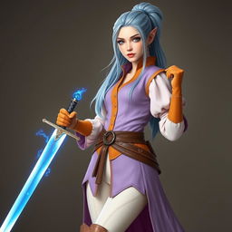 A tall, beautiful, pale-skinned high-elf woman with long, light blue hair tied up in a ponytail and grey eyes