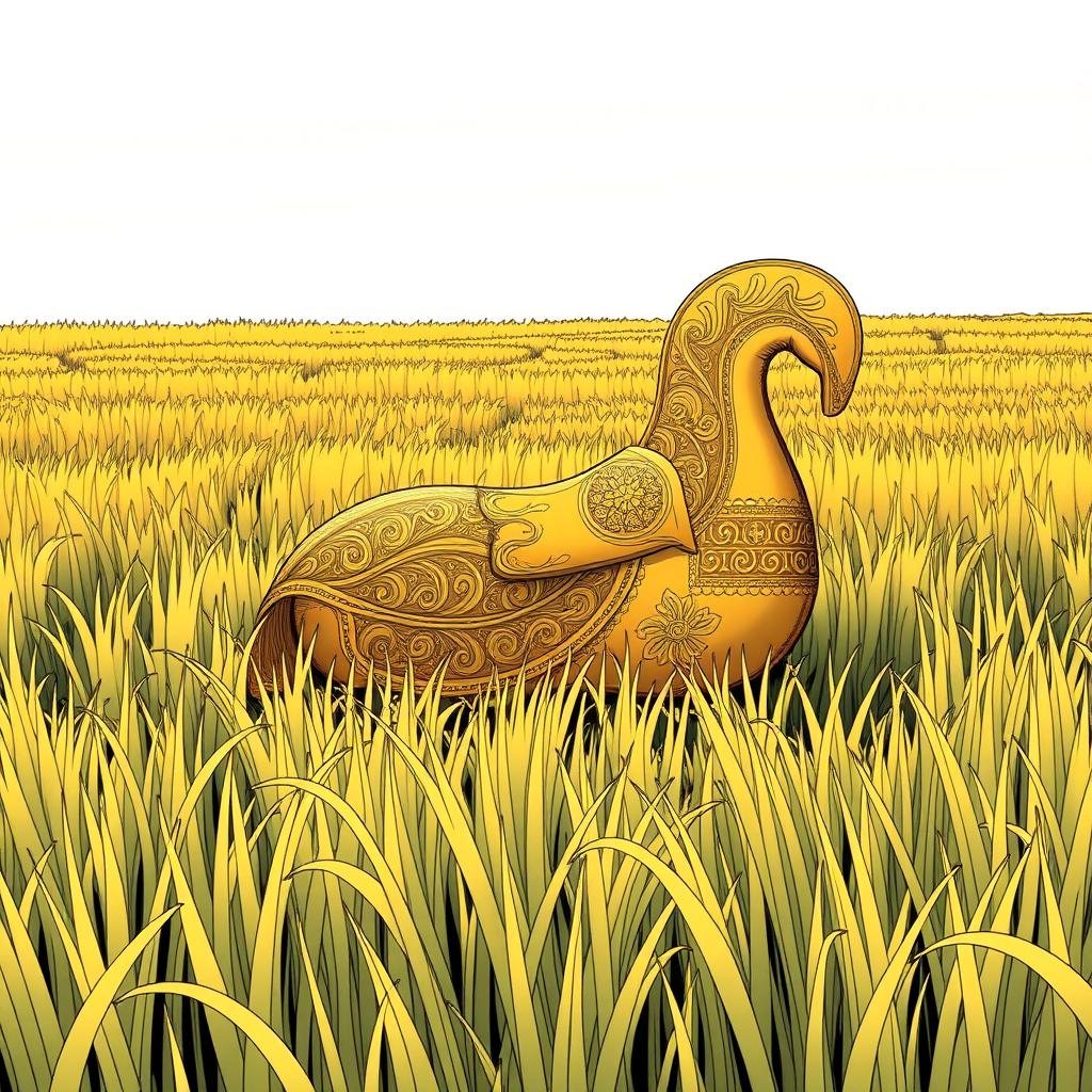 A golden sheathe placed in the middle of an endless field of grass, drawn in the style of a manga