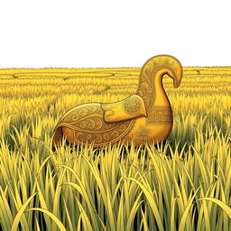 A golden sheathe placed in the middle of an endless field of grass, drawn in the style of a manga