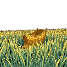 A golden sheathe placed in the middle of an endless field of grass, drawn in the style of a manga