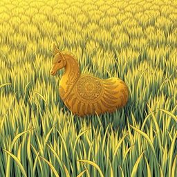 A golden sheathe placed in the middle of an endless field of grass, drawn in the style of a manga