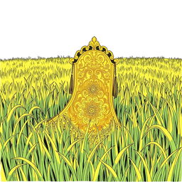 A golden sheathe placed in the middle of an endless field of grass, drawn in the style of a manga