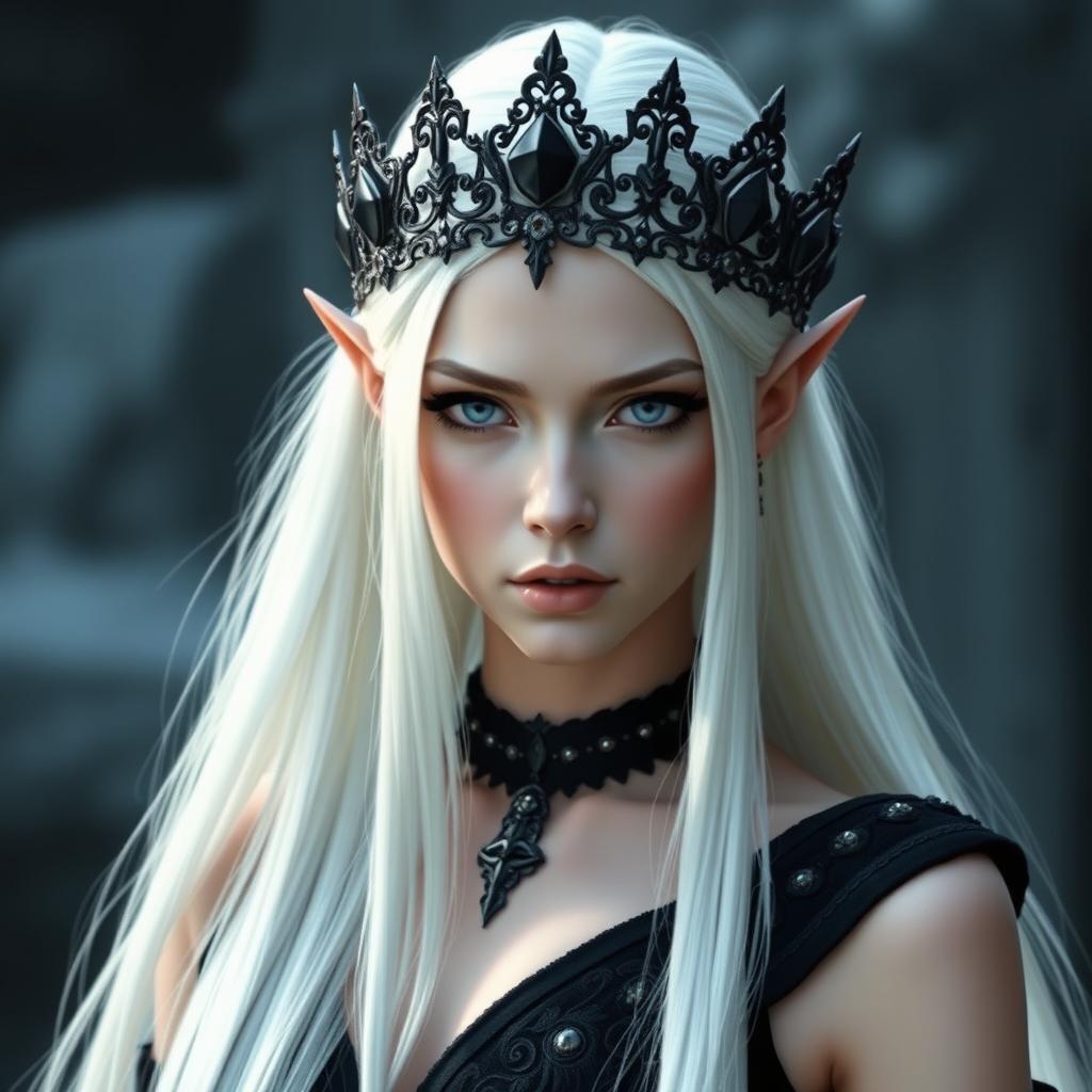 An elegant, cold elf queen with very pale, clear skin and long white-blonde straight hair