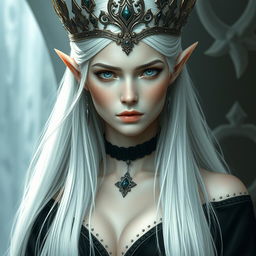 An elegant, cold elf queen with very pale, clear skin and long white-blonde straight hair